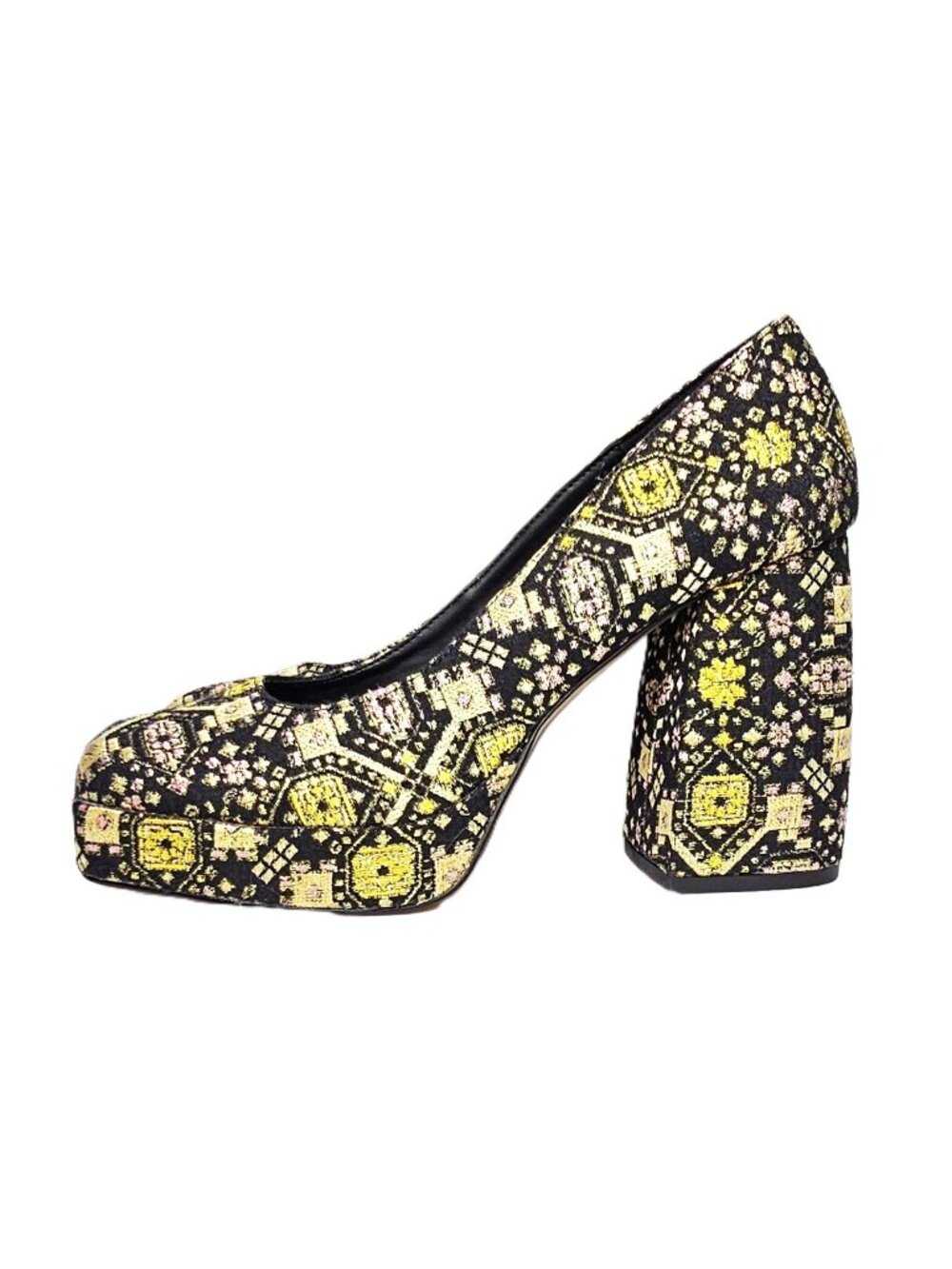 Katy Perry The Uplift Pump Sz 8.5 Black Gold Brocade Platform Block High Heels - Picture 6 of 10